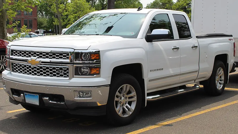 A 2014 Chevrolet Silverado 1500 double cab seen from the front
