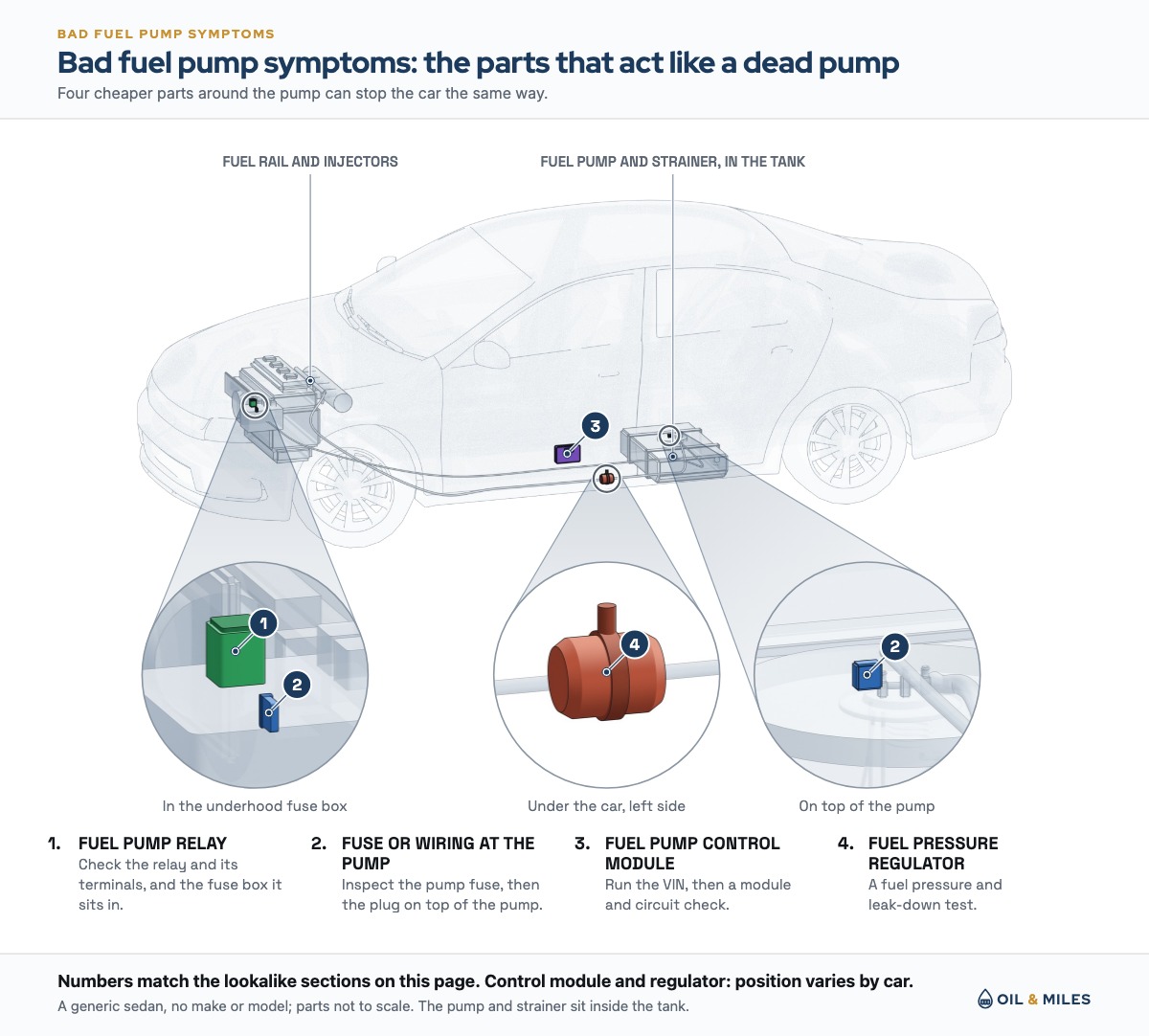Bad fuel pump symptoms can come from four other parts around the pump: the fuel pump relay, the fuse and plug at the pump, the fuel pump control module and the fuel pressure regulator.
