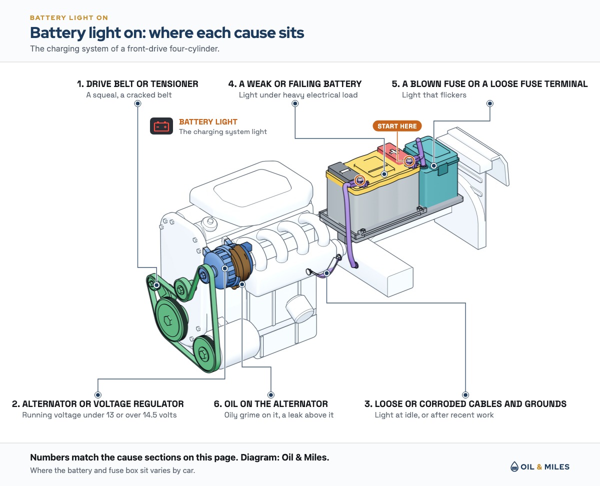 A four-cylinder engine with its belt drive and alternator, and the battery corner with its tray, cables, ground strap and under-hood fuse box, shows the parts behind a battery light on the dash: the drive belt or tensioner, the alternator, loose or corroded cables and grounds, a weak battery, a blown fuse or loose fuse terminal, and oil on the alternator.