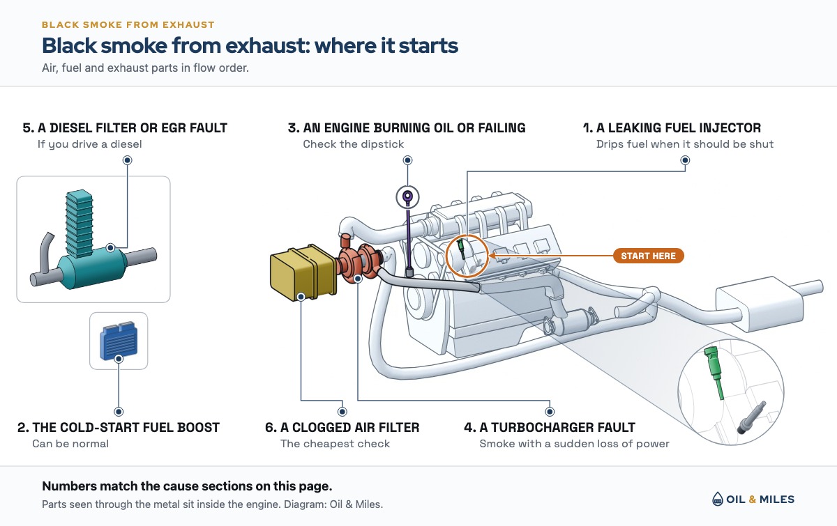 The air filter box, a turbocharger on the intake fed by the exhaust, the engine and its exhaust run to the tailpipe, laid out in the order air and exhaust flow through them, show where black smoke from the exhaust can start: a fuel injector and its wet spark plug, the dipstick, the turbocharger and the air filter box, with the engine computer that adds fuel after a cold start and a diesel's particulate filter and EGR cooler drawn apart in their own panels.