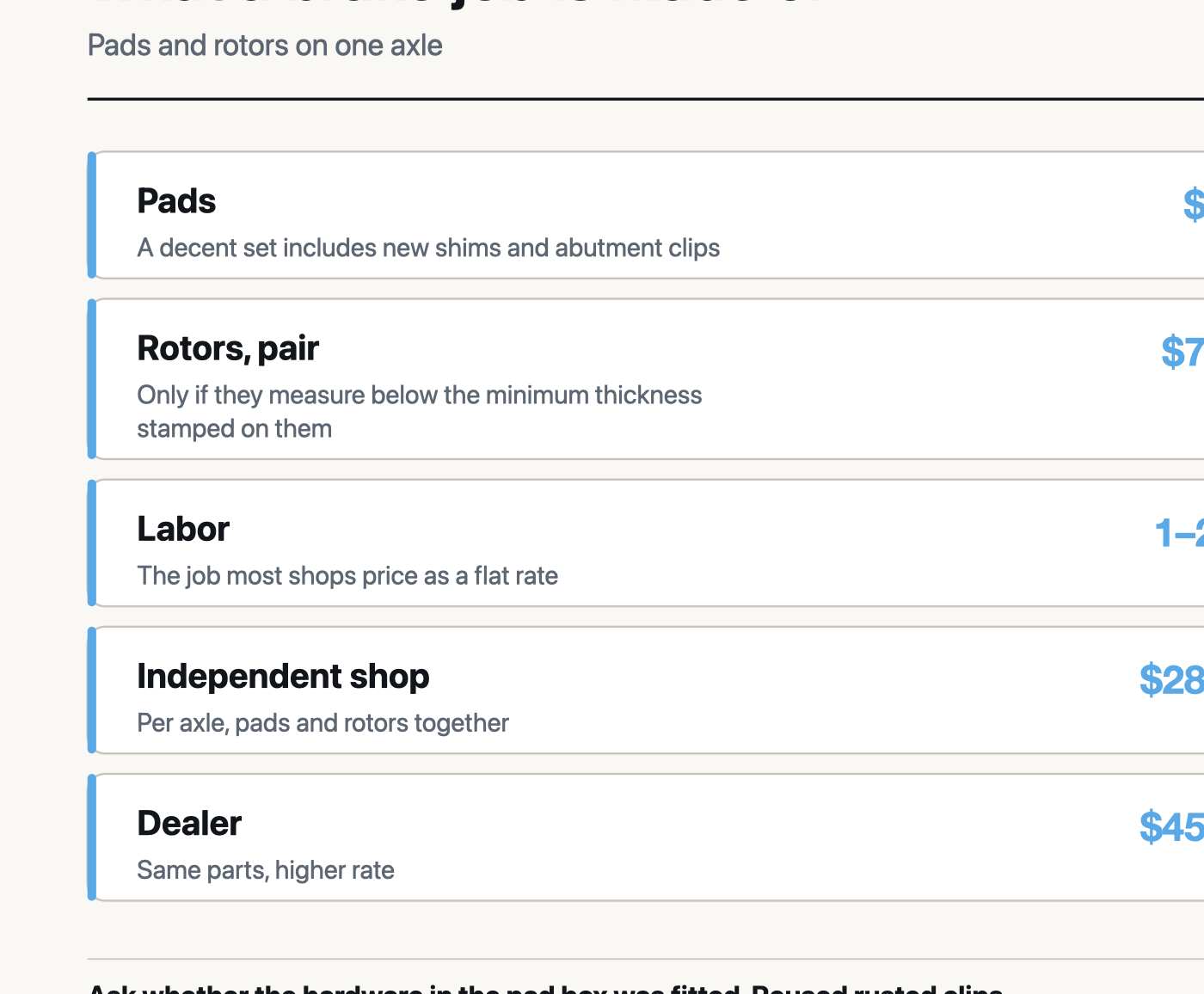 A brake job broken into pads, rotors and labor, with independent shop and dealer totals for one axle