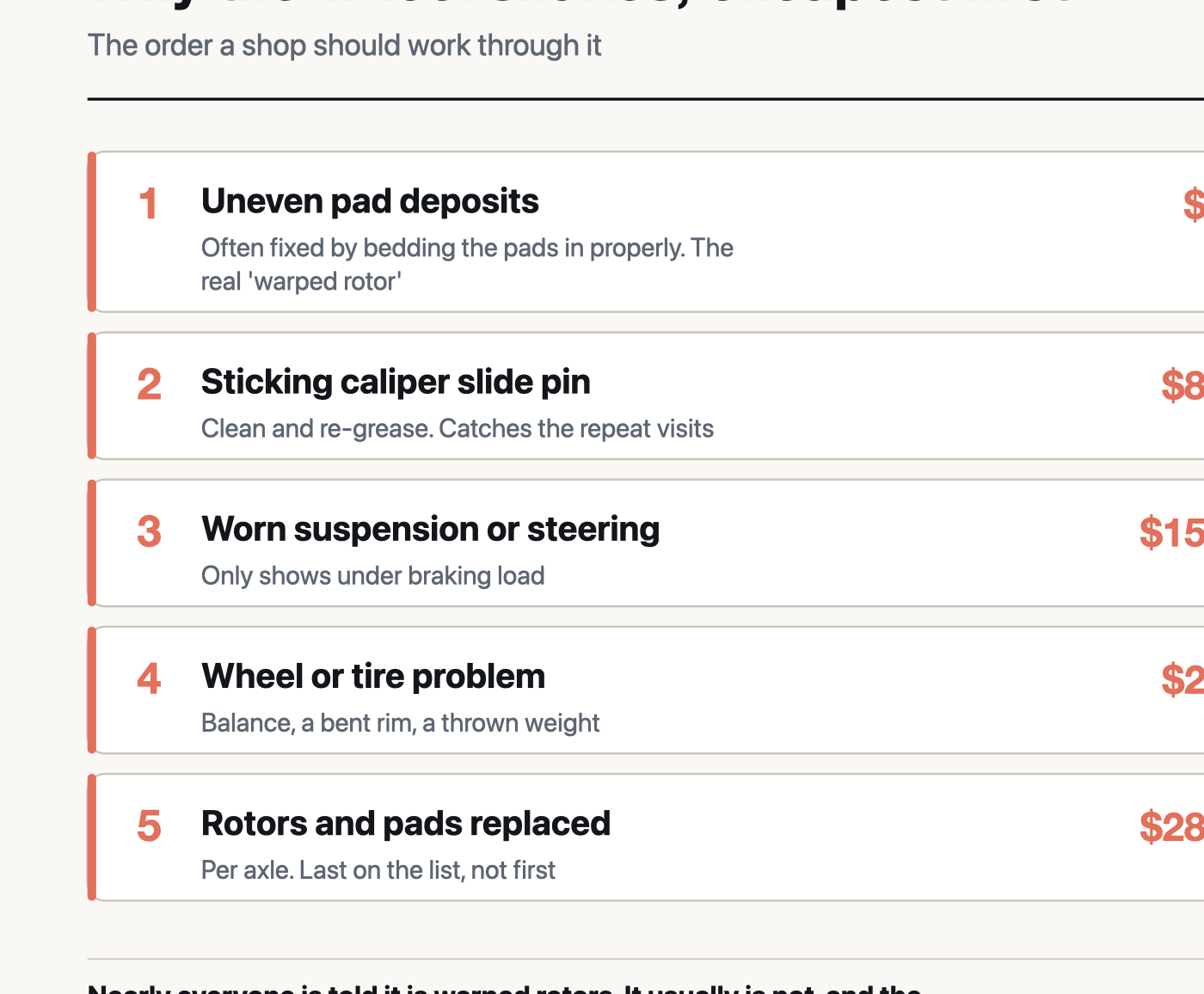 Five causes of brake vibration ranked cheapest first, from uneven pad deposits to replacing pads and rotors, with costs