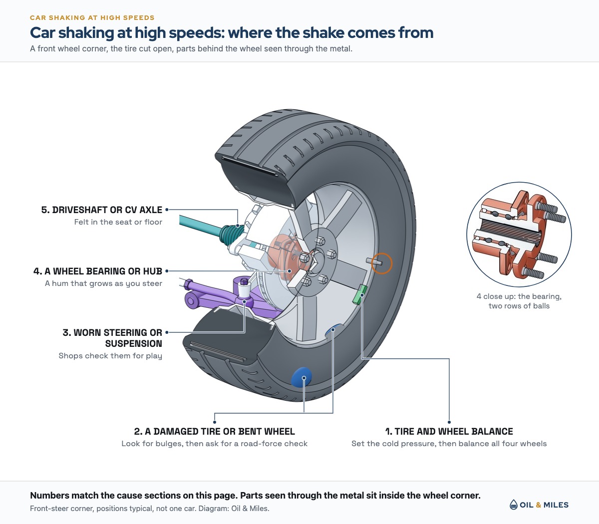 A front wheel corner with part of the tire cut away shows where a car shaking at high speeds can start: the tire and wheel and their balance weights, a bulge on a damaged tire, the tie rod end, the wheel bearing and hub behind the brake rotor, and the CV axle that drives the wheel.