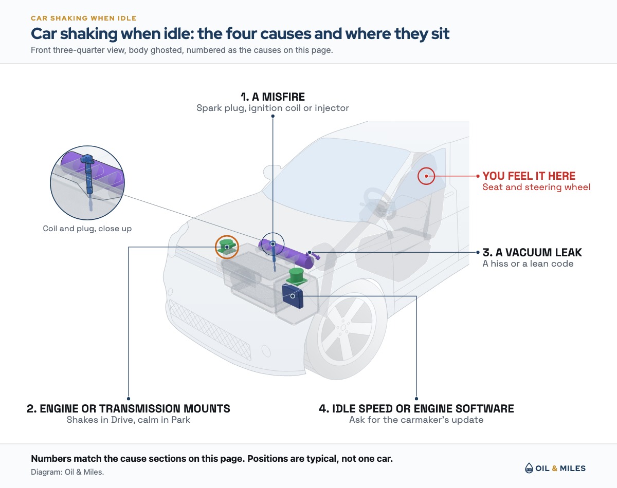 A ghosted engine bay shows the four causes of a car shaking when idle: a spark plug and ignition coil on one cylinder, the engine and transmission mounts, a vacuum hose and the intake where air can leak in, and the engine computer whose idle software carmakers update, with the seat and steering wheel where the driver feels it.