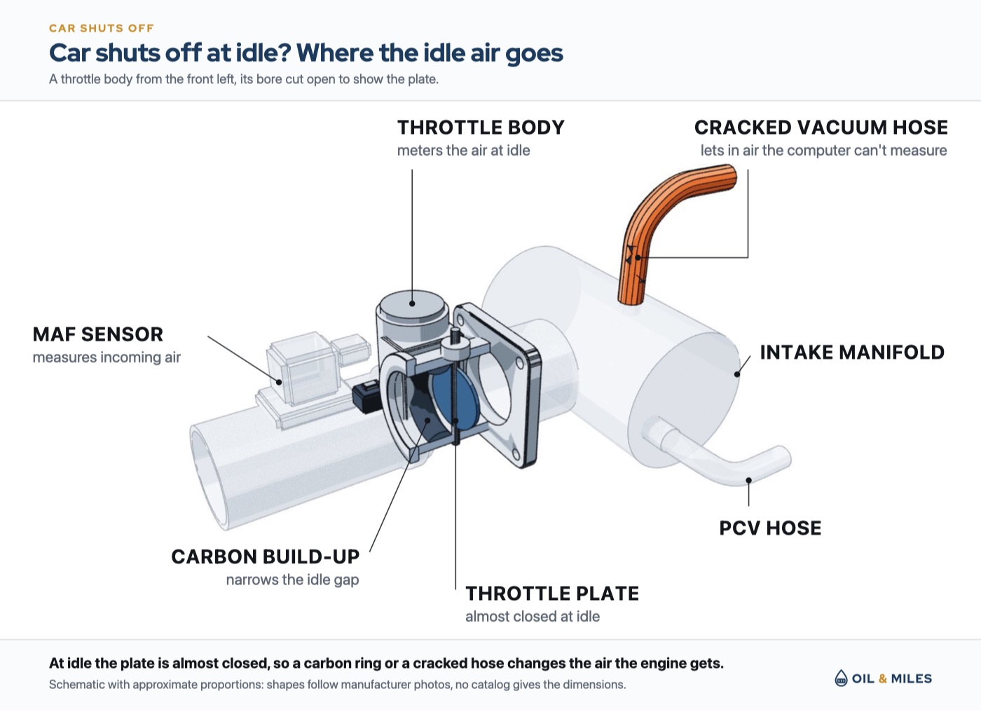 Diagram of a throttle body at idle, with carbon build-up around the nearly closed plate and a cracked vacuum hose letting in air the sensor never measured, two things that can upset idle before a car shuts off.