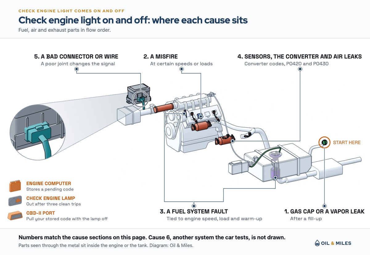 The fuel tank, the vapor canister, the engine and the exhaust line laid out in the order fuel and exhaust flow through them show where the causes of a check engine light that comes on and off sit: the gas cap and vapor line, an ignition coil, a fuel injector and the pump in the tank, the two converters with their oxygen sensors and the intake duct, and a connector at the underhood fuse block, with the engine computer, the dash lamp and the OBD-II port marked where the code is read.