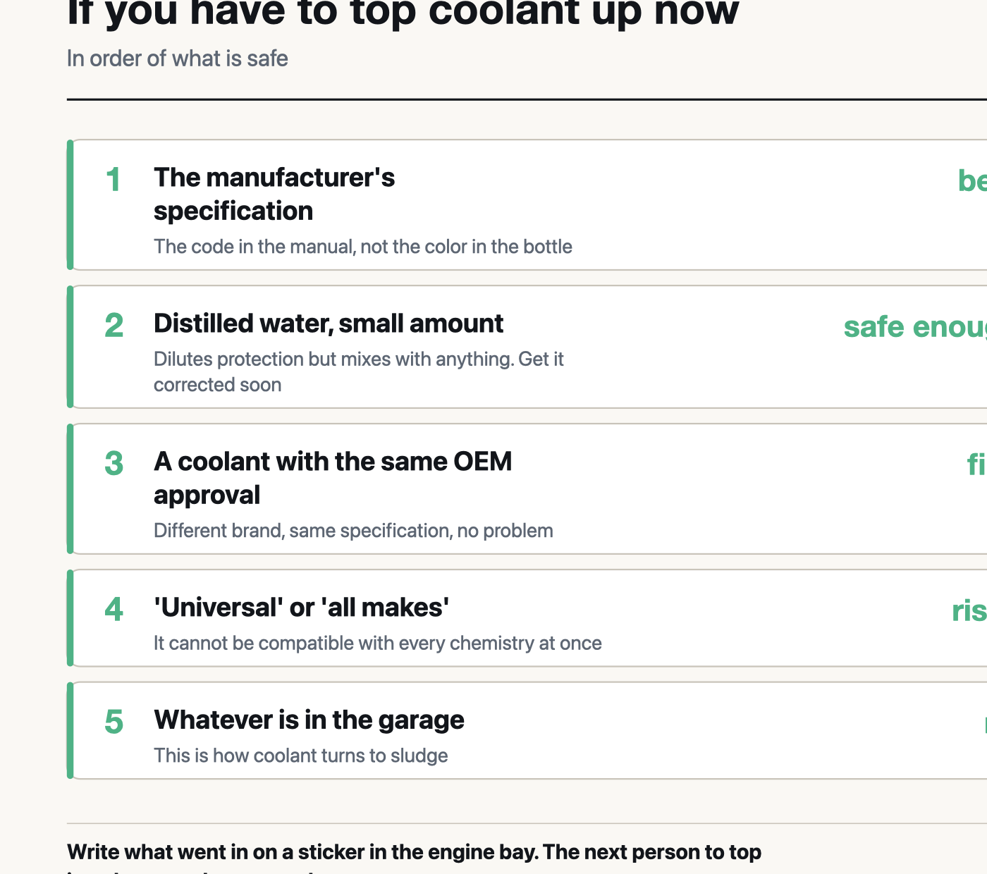 Coolant top-up options ranked by safety: manufacturer specification best, distilled water safe enough, matching approval fine, universal risky, anything else no