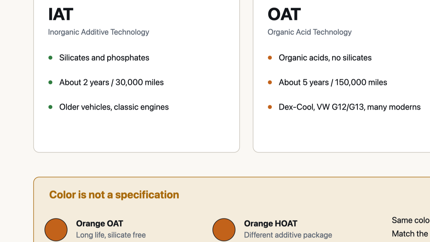 Diagram comparing IAT, OAT and HOAT coolant additive packages, showing two identically colored coolants with different chemistry