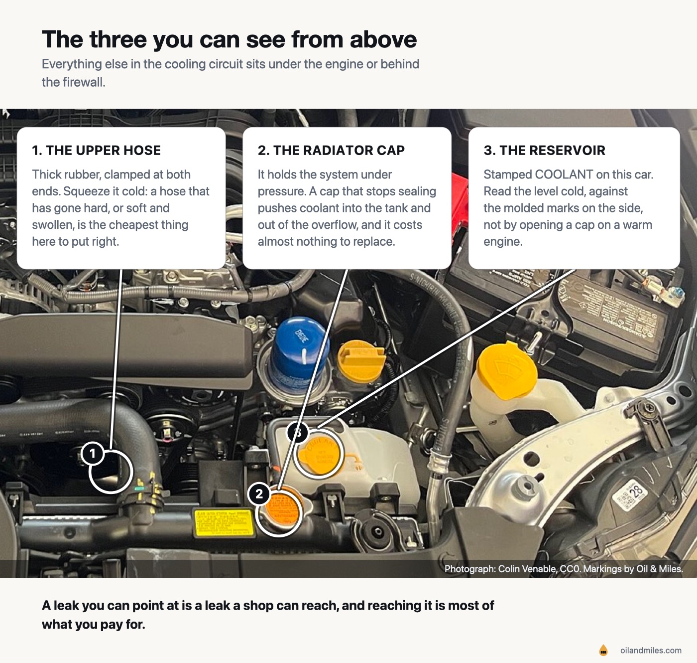 Three cooling-system parts marked on a photograph of a modern engine bay: the upper radiator hose, the radiator cap, and the coolant reservoir whose cap is stamped COOLANT