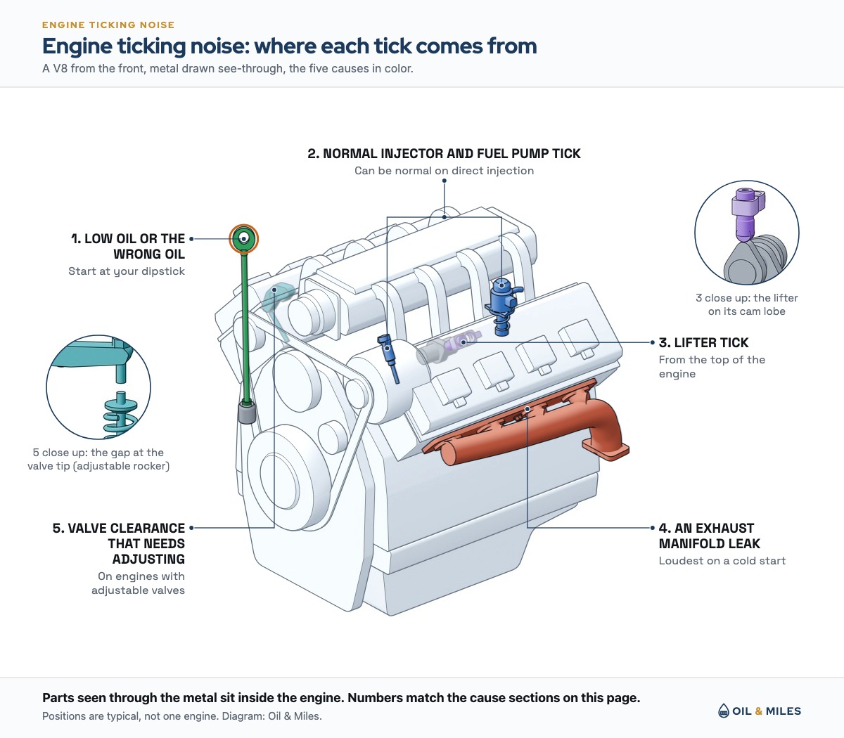 A see-through V8 engine shows where an engine ticking noise can start: the oil on the dipstick, the high-pressure fuel pump and injectors, a hydraulic lifter on the camshaft, the exhaust manifold and its bolts, and the valve gap at a rocker arm.
