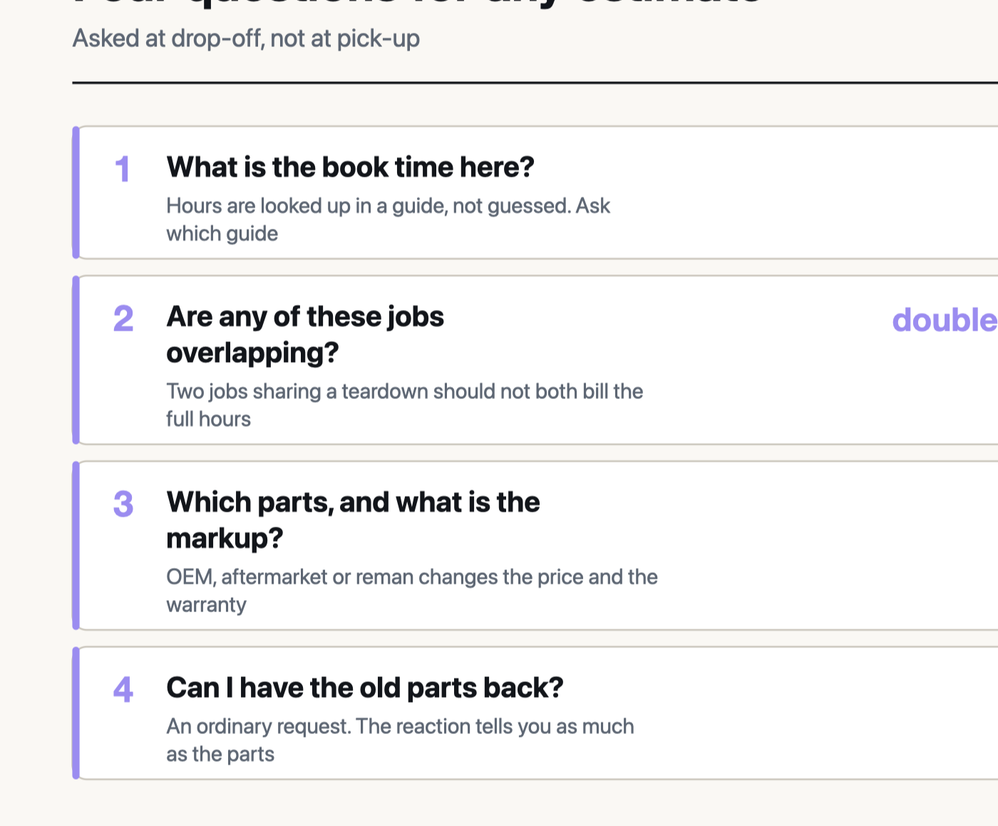 Four questions to ask about any repair estimate: book time, overlapping jobs, parts and markup, and keeping the old parts