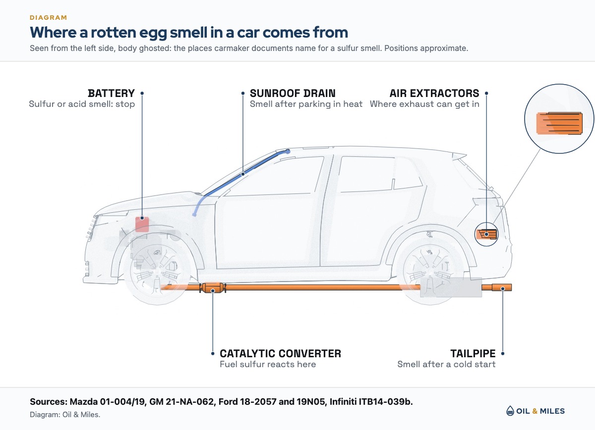 Side view of an SUV drawn see-through, showing the places a carmaker names for a rotten egg smell: the catalytic converter under the floor and the tailpipe in orange, the 12-volt battery under the hood in red, the rear air extractors in the rear quarter in orange with a close-up, and the sunroof drain hose running down the windshield pillar in blue.