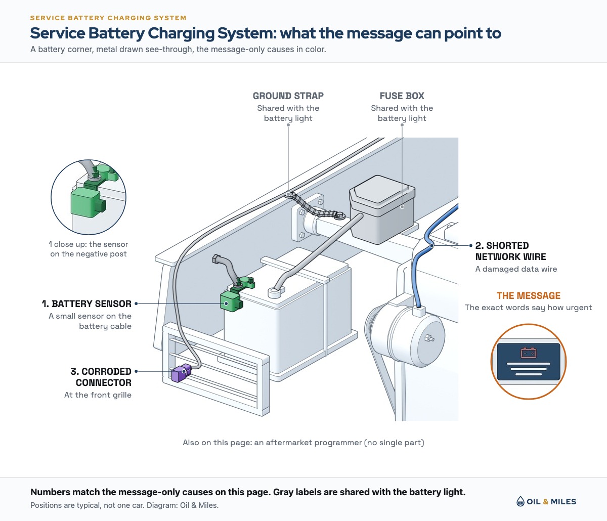 A close three-quarter view of an engine bay's battery corner shows where a charging system message can start beyond the battery light's causes: the battery sensor on the negative battery post, a data wire running from the alternator's plug past an engine mount to the engine computer, and a connector at the front grille, with the shared ground strap and fuse box in gray and an inset of a dashboard screen showing a text message.