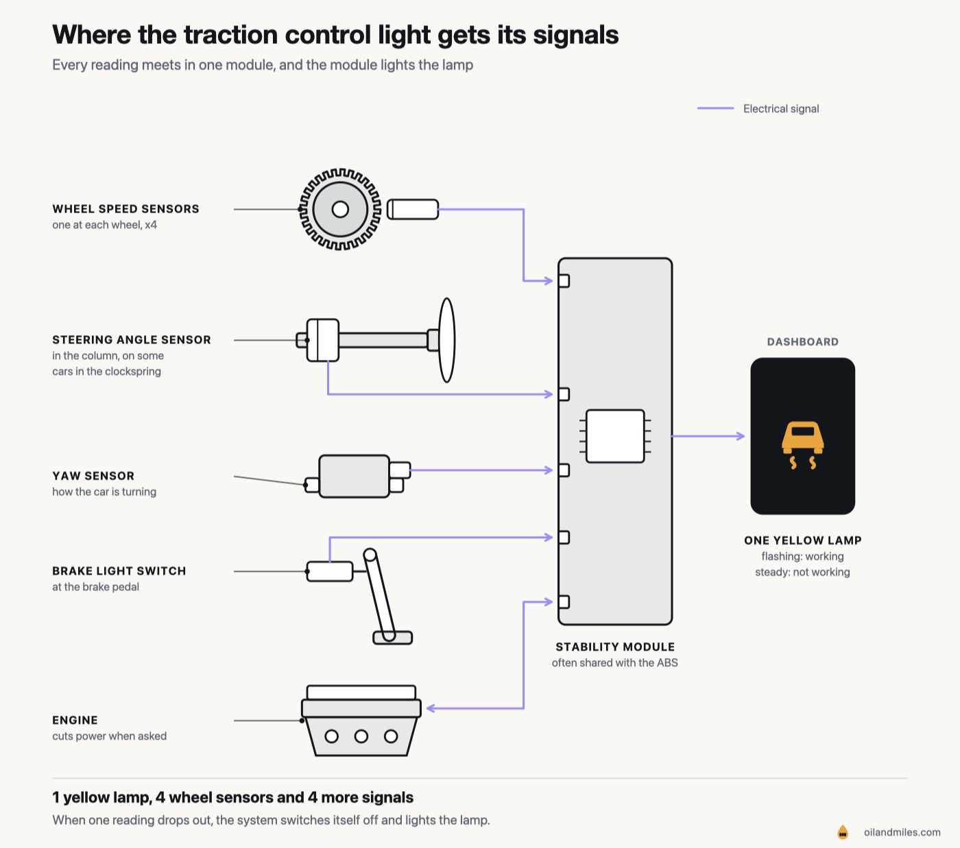 Where the traction control light gets its signals: the four wheel speed sensors, the steering angle sensor in the column, the yaw sensor, the brake light switch and the engine all feed one stability module, which lights one yellow lamp