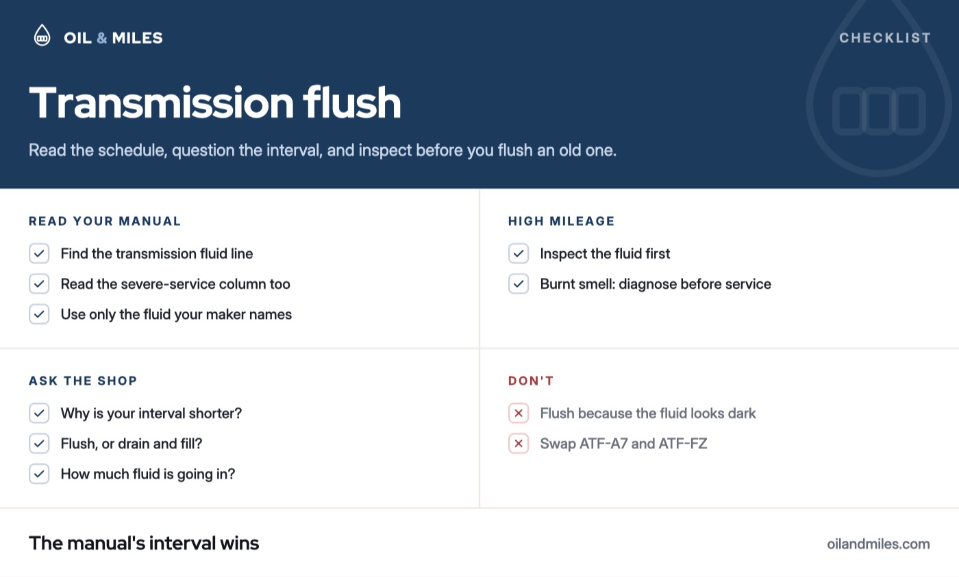 Is a transmission flush necessary checklist: find the transmission fluid line in your maintenance schedule and read the severe-service column, use only the fluid your maker names; ask why a shop's interval is shorter, which service is quoted and how much fluid goes in; on high miles with no records inspect the fluid first; don't take a flush because the fluid looks dark or swap ATF-A7 and ATF-FZ.
