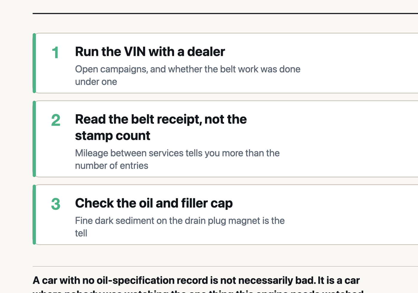 Three checks before buying a wet belt car: run the VIN, read the belt receipt rather than the stamp count, and look at the oil