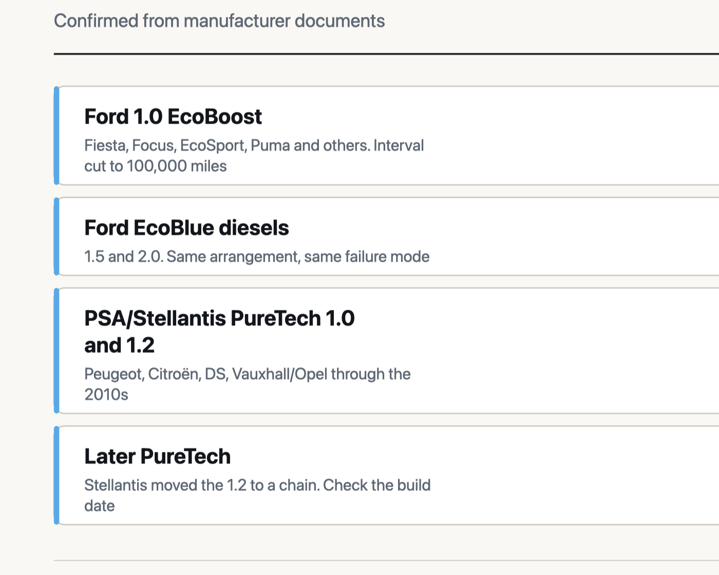 Engines confirmed to use a wet belt: Ford 1.0 EcoBoost, Ford EcoBlue diesels, PSA PureTech 1.0 and 1.2, and the later chain-driven PureTech