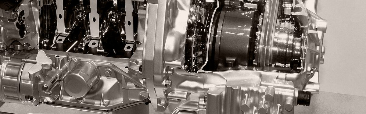 A Nissan engine and CVT unit on display
