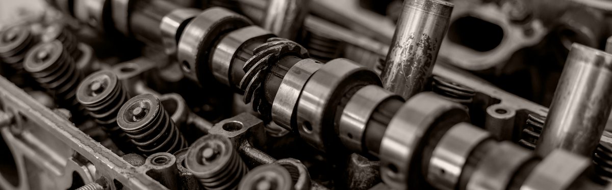 A camshaft lying across an open cylinder head, with the valve springs and their retainers alongside it