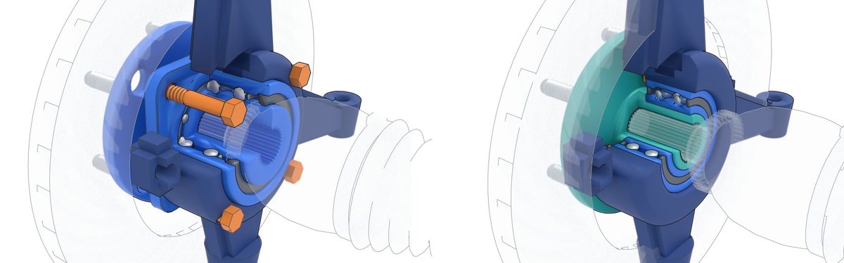 Diagram of the two wheel bearing designs side by side: a bolt-on hub unit and a press-in bearing in its steering knuckle