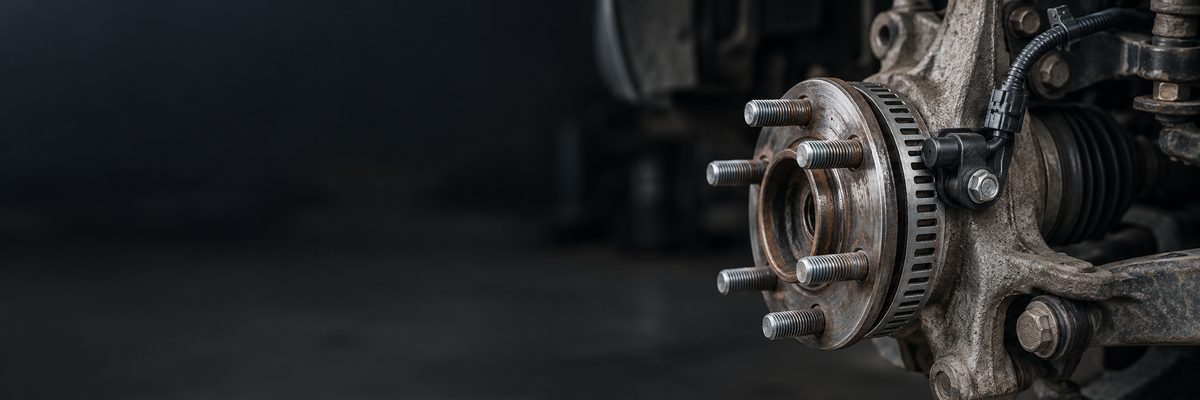 Illustration of a car's wheel hub with the brake removed, showing the toothed tone ring and the ABS sensor beside it