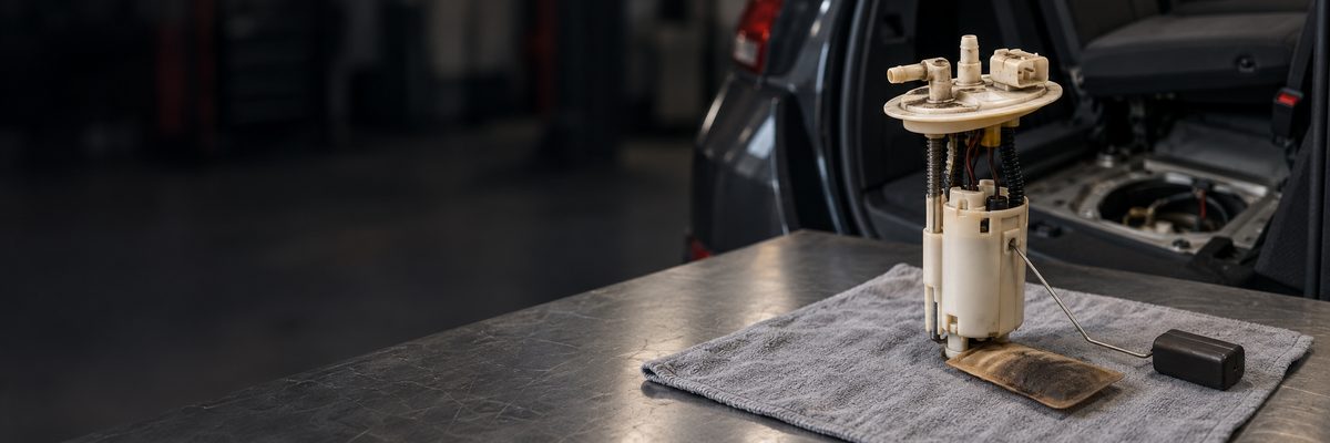 A used fuel pump module on a shop towel, with its float arm and a darkened strainer at the bottom