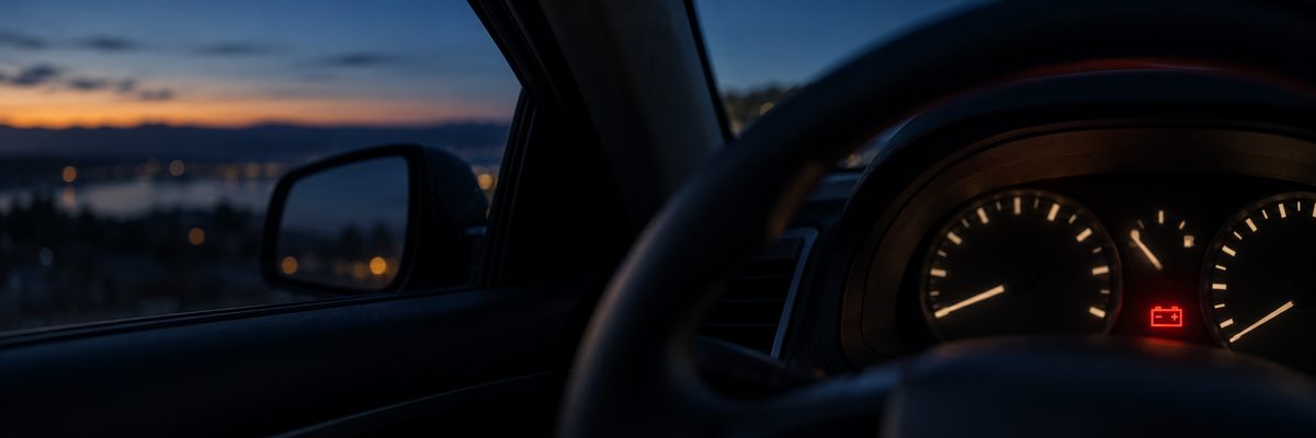 A red battery warning light lit on a car's instrument cluster at dusk