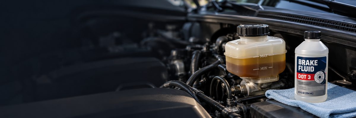 A brake fluid reservoir with dark, old fluid, next to a bottle of new DOT 3 brake fluid