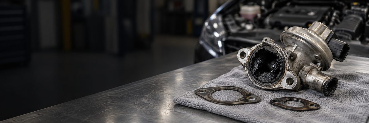A used EGR valve on a shop towel, its opening caked with black carbon, beside two old gaskets