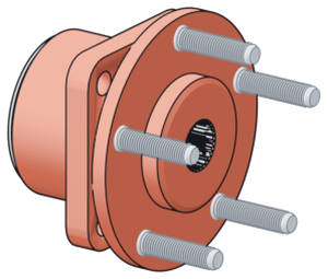 A wheel hub and bearing unit out of the box: the wheel flange with five studs, the bearing housing and the splined center