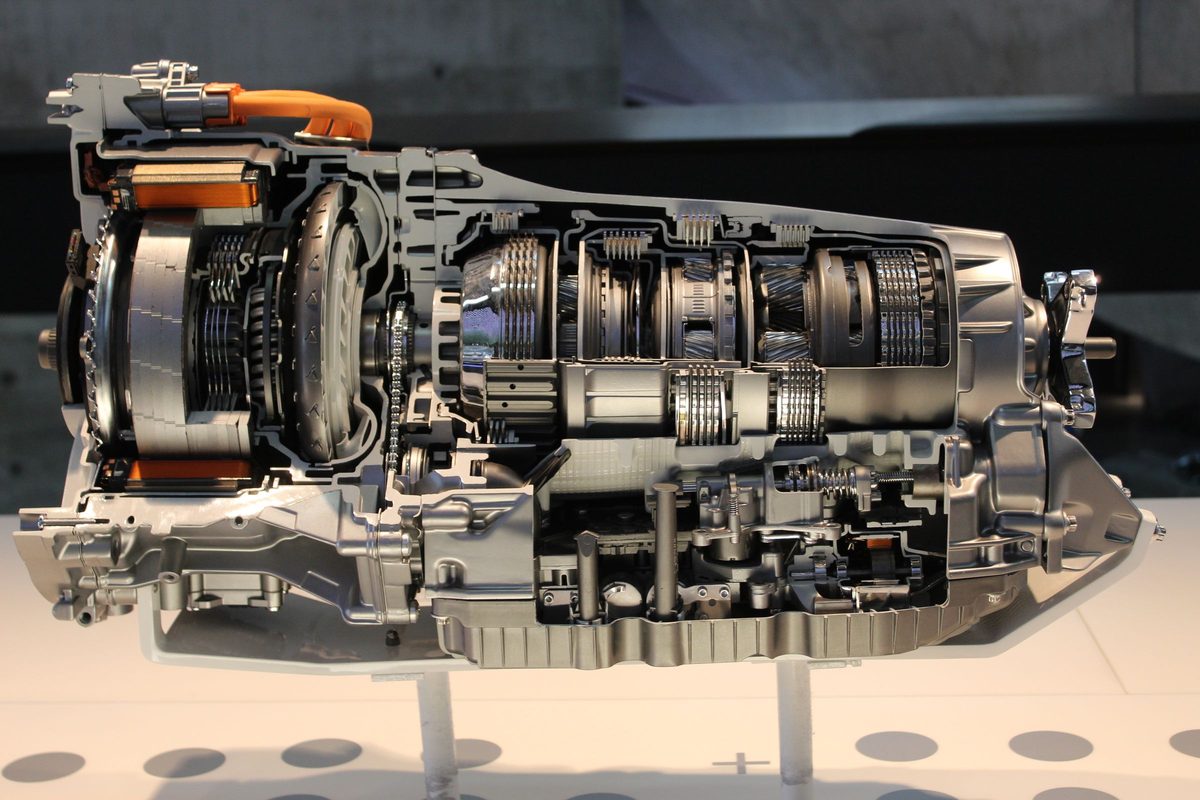 Cutaway automatic transmission, torque converter at one end and the valve body along the bottom