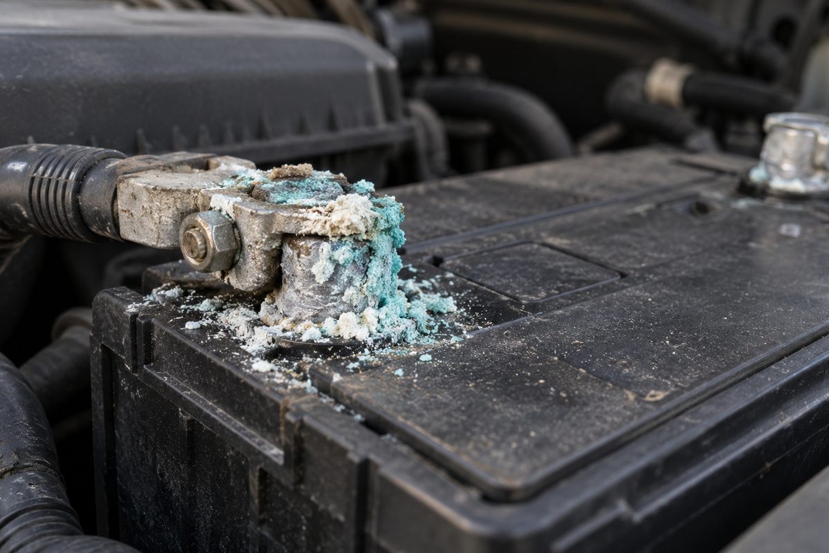 Illustration of a corroded clamp on a car battery's terminal under the hood