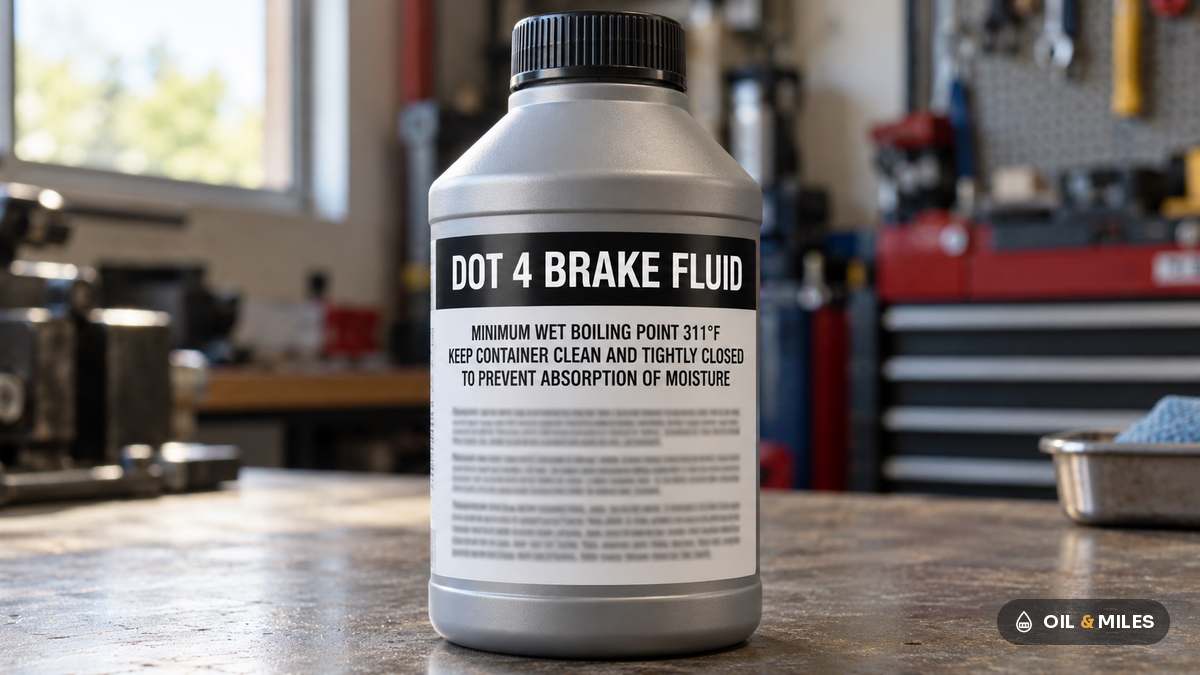 A brake fluid bottle label reading DOT 4, minimum wet boiling point 311&deg;F, keep container clean and tightly closed.