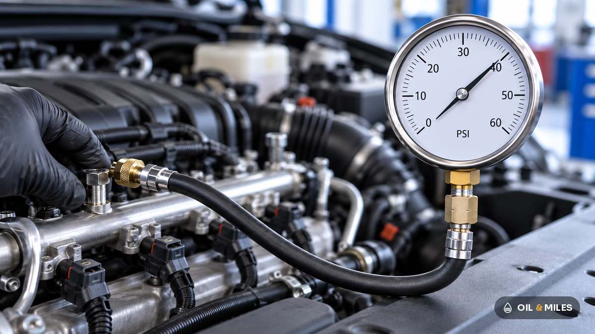 Illustration of a fuel pressure gauge with a 0 to 60 psi dial connected to the test port on an engine's fuel rail