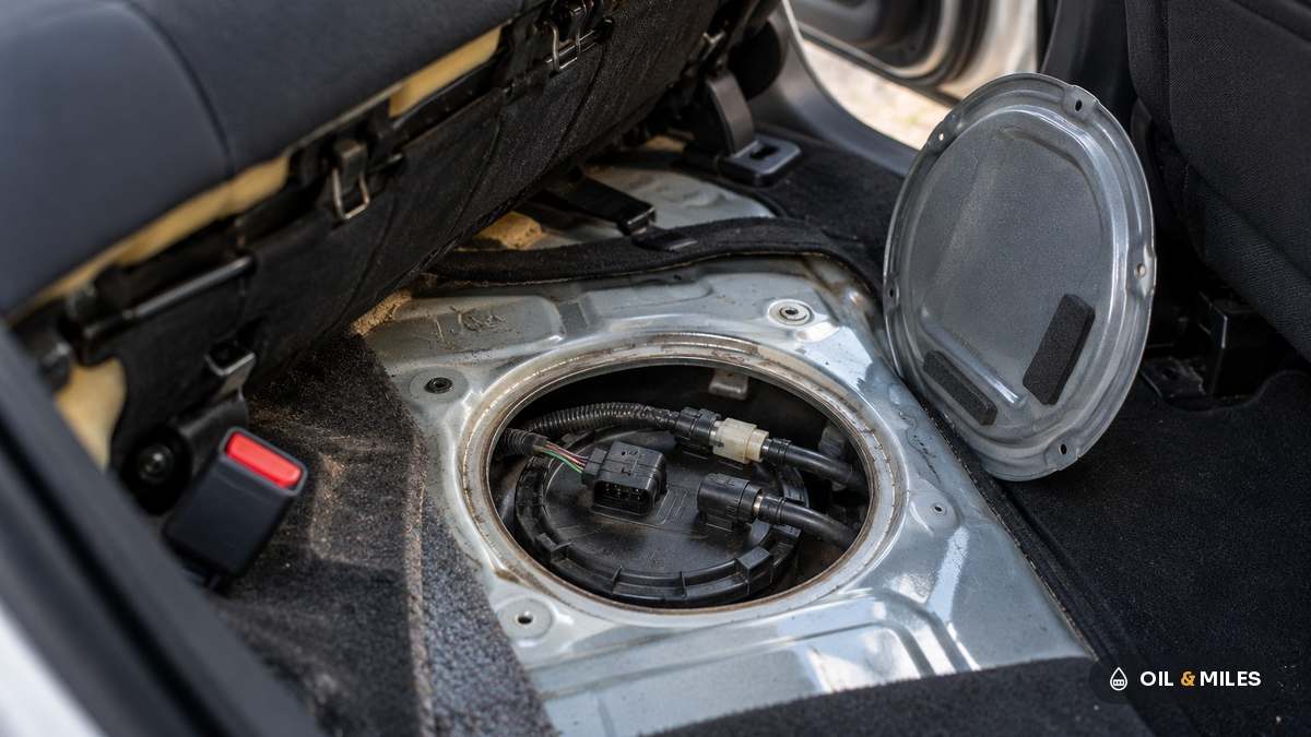 A lifted rear seat with the floor access cover off, showing the top of the fuel pump module.