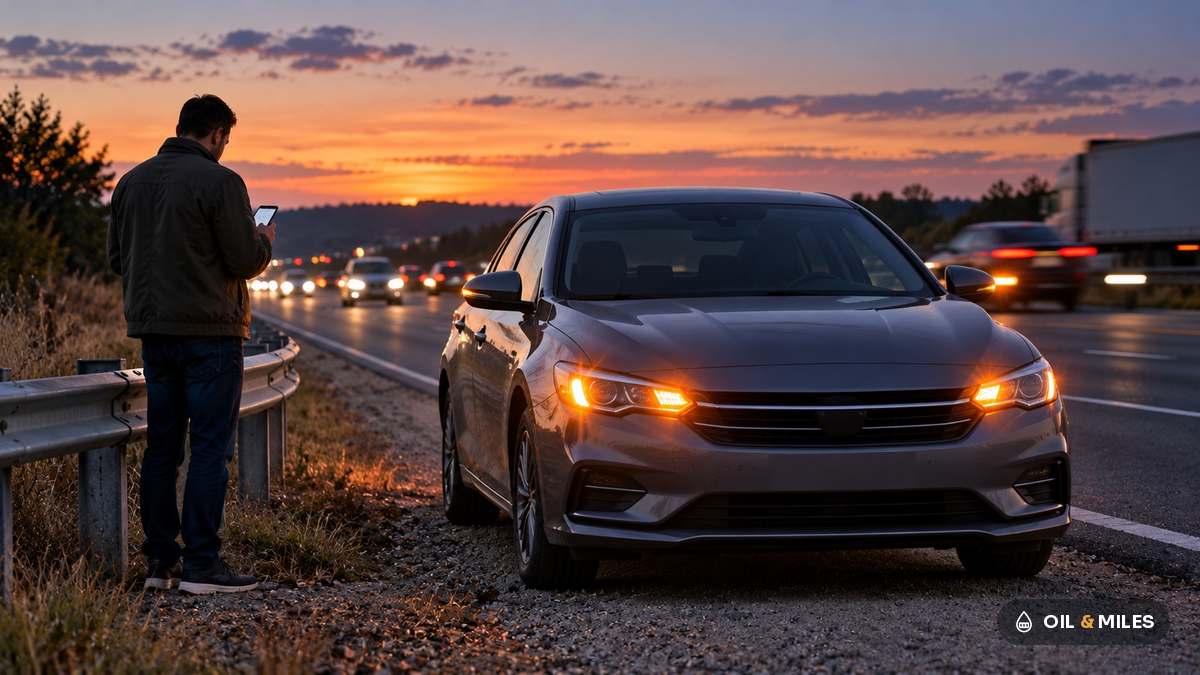 Illustration of a car stopped on a highway shoulder at dusk, its driver standing behind the guardrail