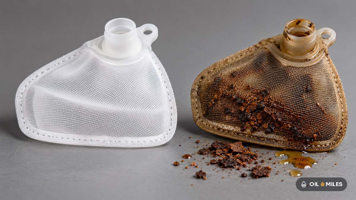 Illustration of a clean fuel pump strainer beside one clogged with rust and sediment